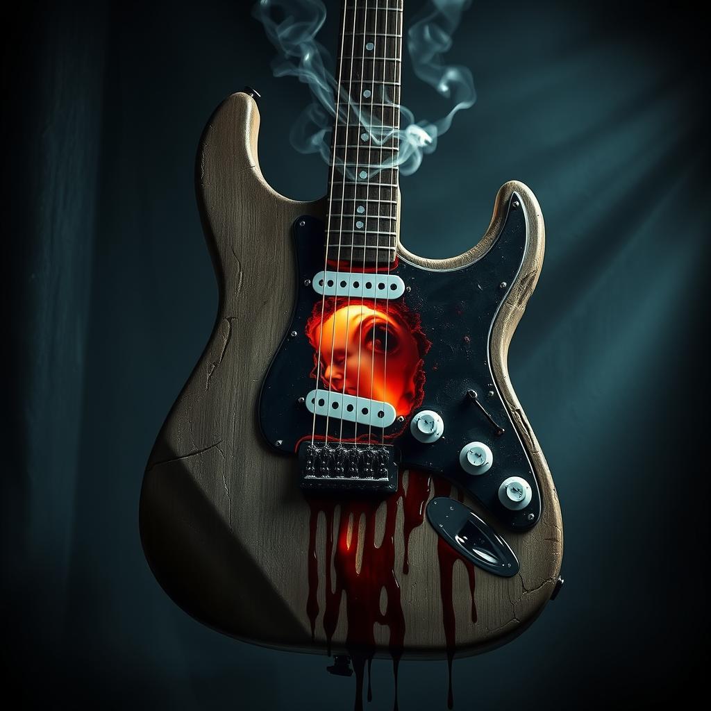 A hauntingly eerie electric guitar, designed with grotesque elements of body horror, where the guitar’s body appears cracked and the wood is intertwined with organic, flesh-like textures