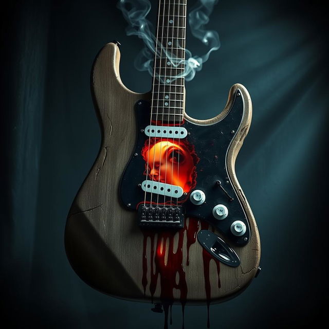 A hauntingly eerie electric guitar, designed with grotesque elements of body horror, where the guitar’s body appears cracked and the wood is intertwined with organic, flesh-like textures