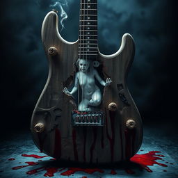 A hauntingly eerie electric guitar, designed with grotesque elements of body horror, where the guitar’s body appears cracked and the wood is intertwined with organic, flesh-like textures