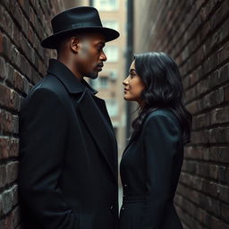 A tall, dark-skinned man in a stylish black overcoat and hat stands face to face with a fair-skinned woman who has an angelic face and shoulder-length, wavy black hair