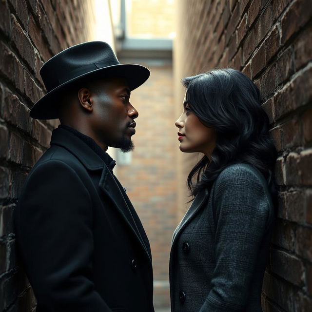 A tall, dark-skinned man in a stylish black overcoat and hat stands face to face with a fair-skinned woman who has an angelic face and shoulder-length, wavy black hair