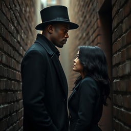 A tall, dark-skinned man in a stylish black overcoat and hat stands face to face with a fair-skinned woman who has an angelic face and shoulder-length, wavy black hair