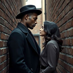 A tall, dark-skinned man in a stylish black overcoat and hat stands face to face with a fair-skinned woman who has an angelic face and shoulder-length, wavy black hair