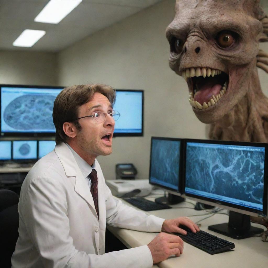 The paleontologist, arriving at a high-tech computer room within the laboratory, expressing shock, their eyes wide and mouth agape as they stare at the screen displaying the DNA results of the ancient tree