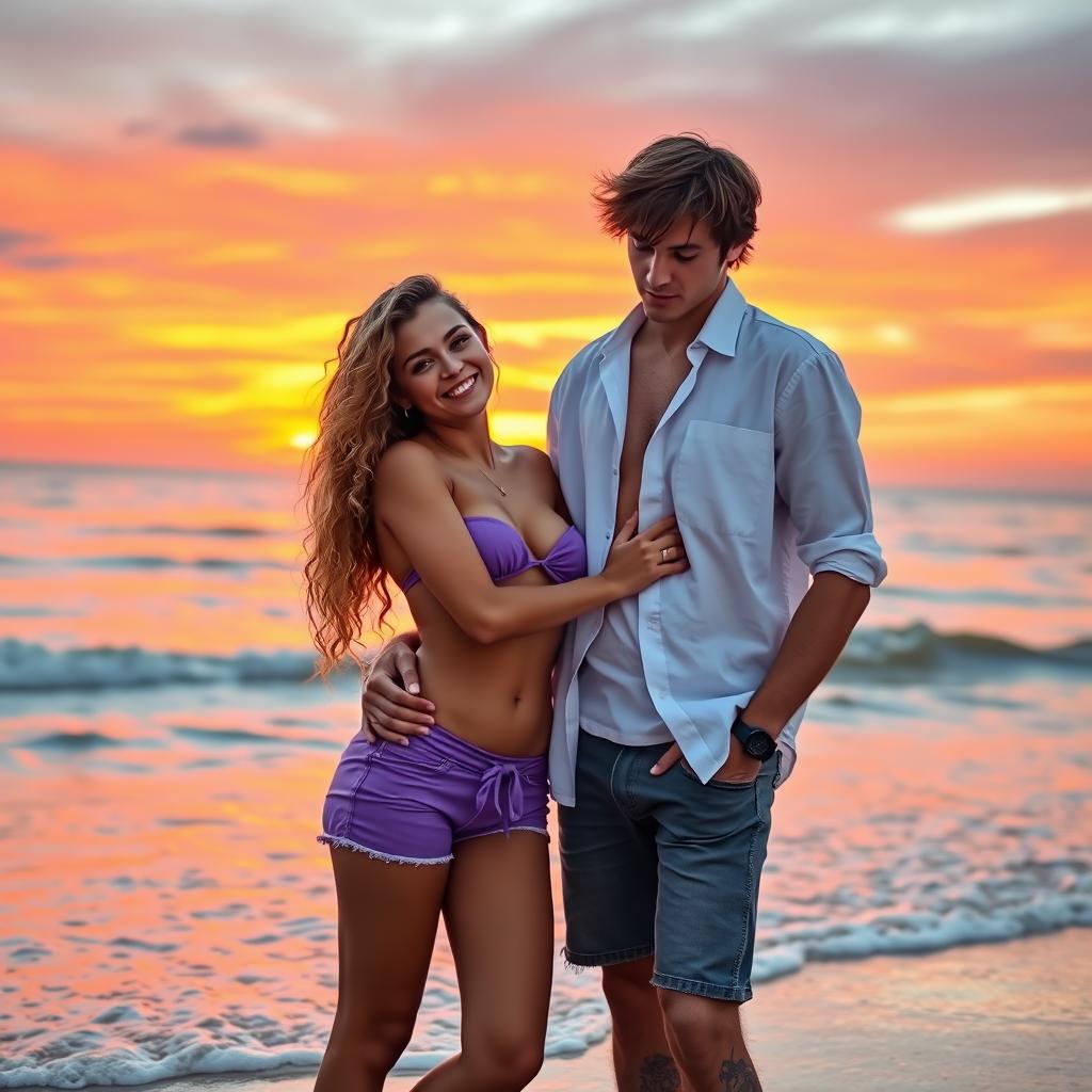 A picturesque scene of a couple on the beach during a stunning sunset, featuring a tanned 18-year-old girl with long, curly blonde hair, adorned in a trendy purple bikini top and matching shorts