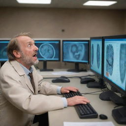 The paleontologist, arriving at a high-tech computer room within the laboratory, expressing shock, their eyes wide and mouth agape as they stare at the screen displaying the DNA results of the ancient tree