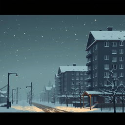 A melancholic pixel art scene depicting a dark winter evening in Russia