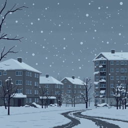 A melancholic pixel art scene depicting a dark winter evening in Russia