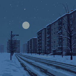 A melancholic pixel art scene depicting a dark winter evening in Russia