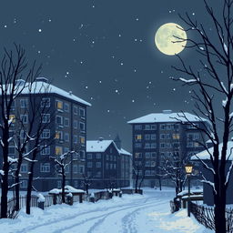 A melancholic pixel art scene depicting a dark winter evening in Russia