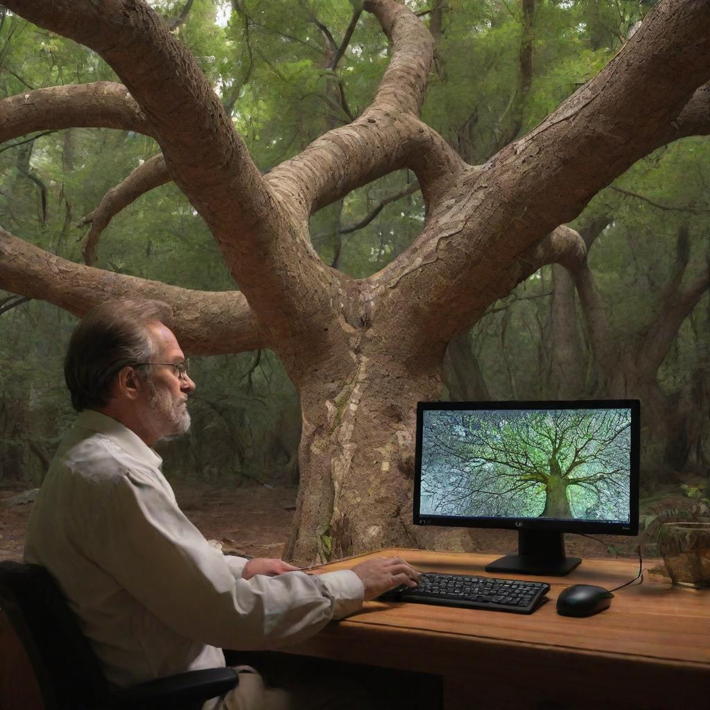 The paleontologist's computer screen visually projects the intricate structure of the ancient tree's DNA in vivid detail, causing surprise and deep contemplation