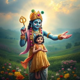 A divine scene featuring Lord Krishna protecting a young girl under his outstretched arm, glowing with a radiant and loving aura