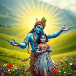 A divine scene featuring Lord Krishna protecting a young girl under his outstretched arm, glowing with a radiant and loving aura