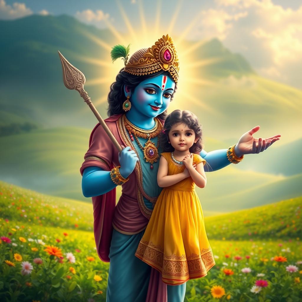 A divine scene featuring Lord Krishna protecting a young girl under his outstretched arm, glowing with a radiant and loving aura