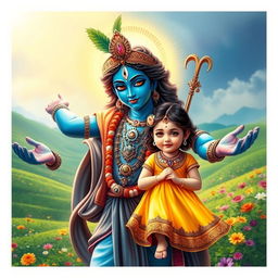 A divine scene featuring Lord Krishna protecting a young girl under his outstretched arm, glowing with a radiant and loving aura