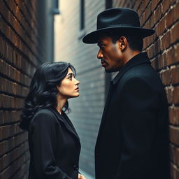 A tall, dark-skinned man in a classic black overcoat and hat stands face to face with a fair-skinned woman who has an angelic face and shoulder-length black wavy hair