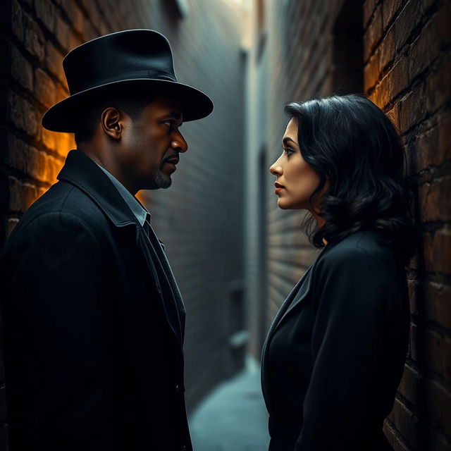 A tall, dark-skinned man in a classic black overcoat and hat stands face to face with a fair-skinned woman who has an angelic face and shoulder-length black wavy hair