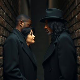A tall, dark-skinned man in a classic black overcoat and hat stands face to face with a fair-skinned woman who has an angelic face and shoulder-length black wavy hair