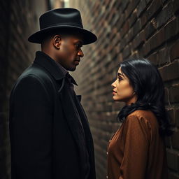 A tall, dark-skinned man in a classic black overcoat and hat stands face to face with a fair-skinned woman who has an angelic face and shoulder-length black wavy hair