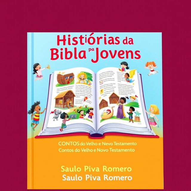 A vibrant and engaging book cover for 'Histórias da Bíblia para Jovens: CONTOS do Velho e Novo Testamento' by Saulo Piva Romero, designed for a children's and young adult audience