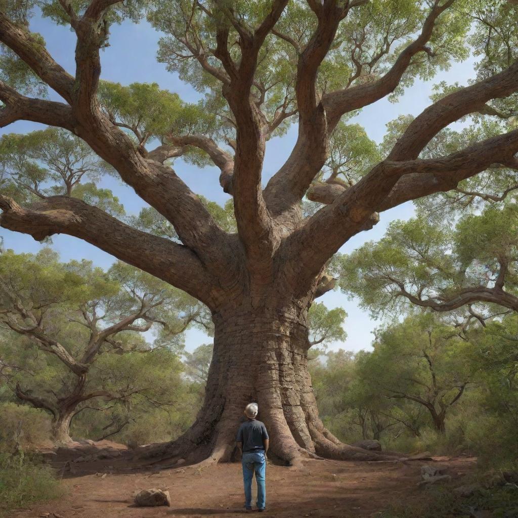 The paleontologist's computer screen visually projects the intricate structure of the ancient tree's DNA in vivid detail, causing surprise and deep contemplation