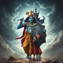 A dramatic and powerful scene depicting Lord Krishna shield protecting a frightened girl from a menacing demon