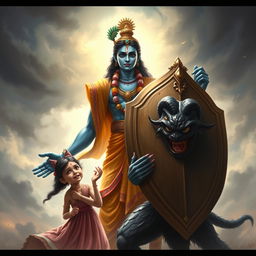 A dramatic and powerful scene depicting Lord Krishna shield protecting a frightened girl from a menacing demon