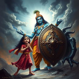 A dramatic and powerful scene depicting Lord Krishna shield protecting a frightened girl from a menacing demon