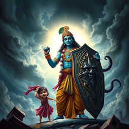 A dramatic and powerful scene depicting Lord Krishna shield protecting a frightened girl from a menacing demon