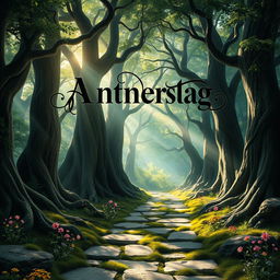 A captivating book cover design featuring an ancient, mystical forest with towering trees and dappled sunlight filtering through the leaves, creating a magical atmosphere