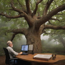 The paleontologist's computer screen visually projects the intricate structure of the ancient tree's DNA in vivid detail, causing surprise and deep contemplation