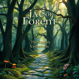 A captivating book cover design featuring an ancient, mystical forest with towering trees and dappled sunlight filtering through the leaves, creating a magical atmosphere