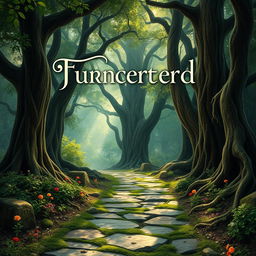 A captivating book cover design featuring an ancient, mystical forest with towering trees and dappled sunlight filtering through the leaves, creating a magical atmosphere