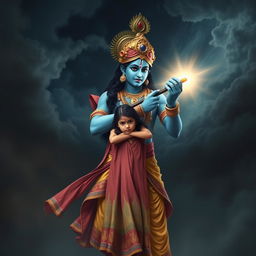 An evocative scene depicting Lord Krishna protecting a frightened girl from a looming threat