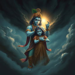 An evocative scene depicting Lord Krishna protecting a frightened girl from a looming threat