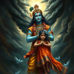 An evocative scene depicting Lord Krishna protecting a frightened girl from a looming threat