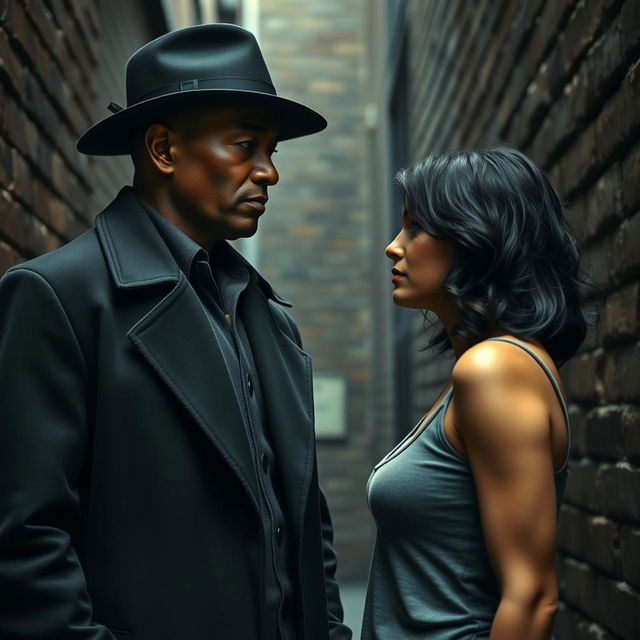 A tall, dark-skinned man in a classic black overcoat and hat stands face to face with a fair-skinned woman who has an angelic face and shoulder-length black wavy hair