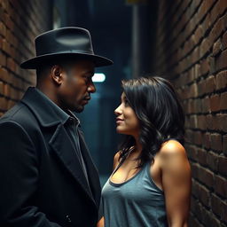 A tall, dark-skinned man in a classic black overcoat and hat stands face to face with a fair-skinned woman who has an angelic face and shoulder-length black wavy hair
