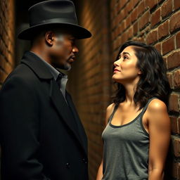 A tall, dark-skinned man in a classic black overcoat and hat stands face to face with a fair-skinned woman who has an angelic face and shoulder-length black wavy hair