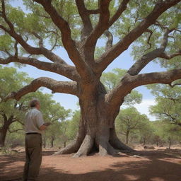 The paleontologist's computer screen visually projects the intricate structure of the ancient tree's DNA in vivid detail, causing surprise and deep contemplation