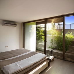 A breezy, luminous bedroom with an attached washroom, alongside a spacious living room with abundant light and air on a rooftop