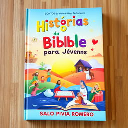 A vibrant and engaging book cover for a children's and young adult book titled 'Histórias da Bíblia para Jovens: CONTOS do Velho e Novo Testamento' by Saulo Piva Romero