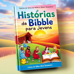 A vibrant and engaging book cover for a children's and young adult book titled 'Histórias da Bíblia para Jovens: CONTOS do Velho e Novo Testamento' by Saulo Piva Romero