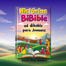 A vibrant and engaging book cover for a children's and young adult book titled 'Histórias da Bíblia para Jovens: CONTOS do Velho e Novo Testamento' by Saulo Piva Romero