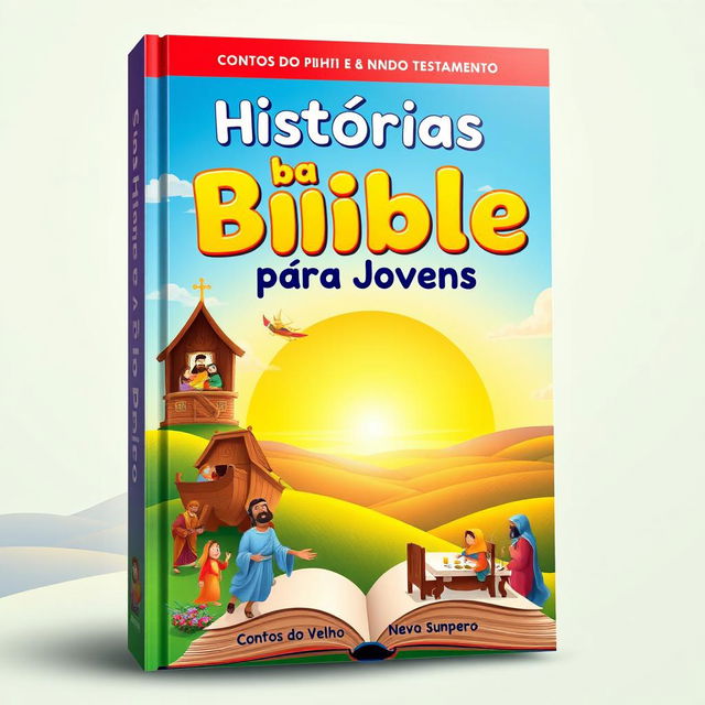 A vibrant and engaging book cover for a children's and young adult book titled 'Histórias da Bíblia para Jovens: CONTOS do Velho e Novo Testamento' by Saulo Piva Romero