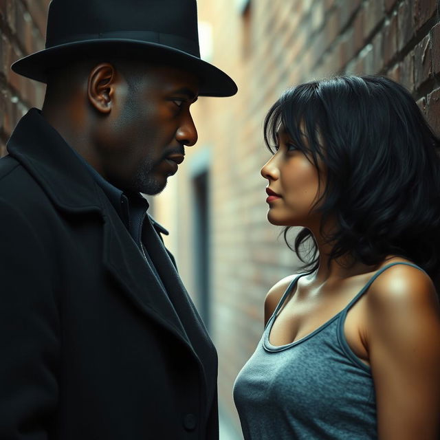 A tall, dark-skinned man in a black overcoat and hat stands face to face with a fair-skinned woman who has an angelic face and shoulder-length black wavy hair, looking deeply into her eyes in a dimly lit alley