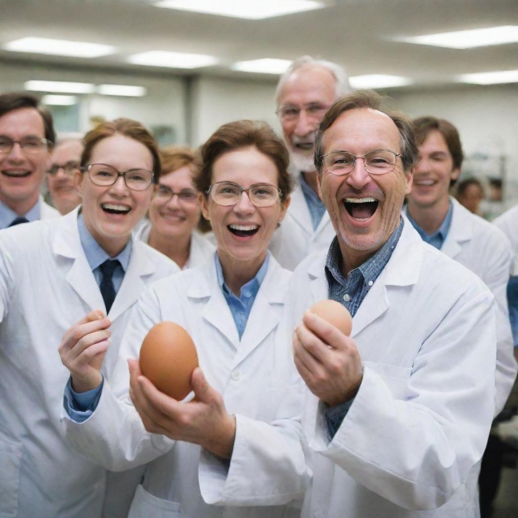 A jubilant scene of scientists in a bustling laboratory, holding a newly created egg, a product of their research on the ancient tree's DNA, their faces showing triumph and satisfaction