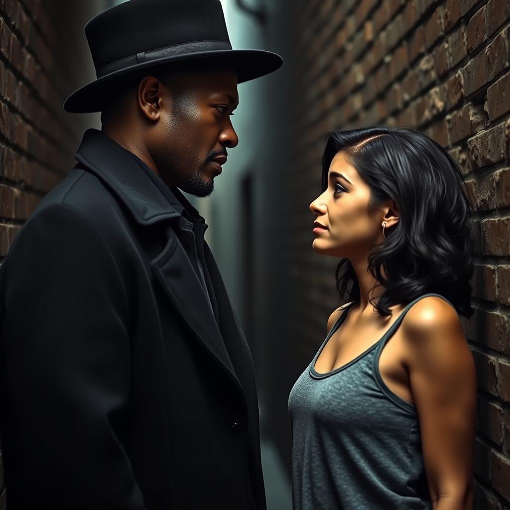 A tall, dark-skinned man in a black overcoat and hat stands face to face with a fair-skinned woman who has an angelic face and shoulder-length black wavy hair, looking deeply into her eyes in a dimly lit alley