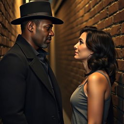 A tall, dark-skinned man in a black overcoat and hat stands face to face with a fair-skinned woman who has an angelic face and shoulder-length black wavy hair, looking deeply into her eyes in a dimly lit alley