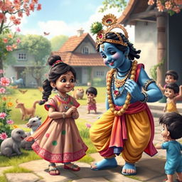 A heartwarming scene showing Lord Krishna joyfully assisting a young girl in making friends